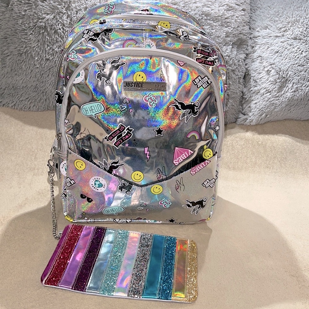 COPY -HP🎉Justice Girls Iridescent Print Bookbag/Backpack Detachable Wristlet … - Picture 1 of 11